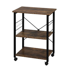 HAOYYE 3-Tier Baker's Rack Kitchen Utility Storage Cart with Microwave Oven Stand, Vintage Wood Grain Top and Black Metal Frame, Industrial Workstation Shelf with Hooks for Spices Cookware Appliances for Home Apartment Pantry Dining Room