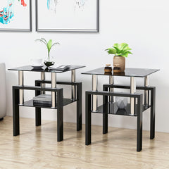 HAOYYE Set of 2 Modern Tempered Glass Coffee Tables, Square End Tables with Sturdy Black Frame, Stylish and Durable for Living Room, Space-Saving Design, Easy Assembly, Heavy Duty Modern Home Furniture