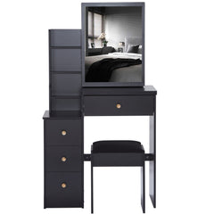HAOYYE Small Size Left Bedside Cabinet Vanity Table + Cushioned Stool, Extra Large Sliding Mirror, Multi Layer, High Capacity Storage Fashionable Dresser, Suitable for Small Space, EPA,GCC,UL Certificate