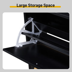 HAOYYE Rattan Shoe Cabinet with 2 Rows of 4 Flip Drawers, Arched High Legs, Black Metal Frame and Natural Wood-Look Panels, Modern Particle Board Storage Organizer for Entryway, Hallway, Bedroom