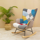 Haoyye Mid-Century Modern Rocking Chair with Patchwork Linen Upholstery, Fabric Accent Rocker with Wood Legs and High Backrest, Comfortable Retro Armchair for Living Room, Bedroom or Lounge, Sturdy Space-Saving Easy Assembly Design