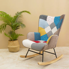 Haoyye Mid-Century Modern Rocking Chair with Patchwork Linen Upholstery, Fabric Accent Rocker with Wood Legs and High Backrest, Comfortable Retro Armchair for Living Room, Bedroom or Lounge, Sturdy Space-Saving Easy Assembly Design