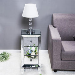 HAOYYE Modern Mirrored Nightstand with 3 Drawers, Contemporary Bedside Table with Glass Surface and Crystal Knobs, Stylish Storage Cabinet for Bedroom Living Room Decor