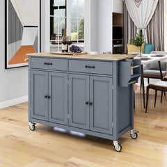 HAOYYE Kitchen Island Cart with Solid Wood Top and Locking Wheels, 4-Door Cabinet and 2 Drawers, Spice Rack, Towel Rack, Grey Blue, Sturdy Space-Saving Design, Heavy Duty Construction, Easy Assembly, Stylish and Durable Home Furniture