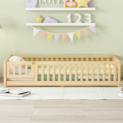 HAOYYE Twin Size Bed Floor Bed with Safety Guardrails and Door for , Natural(Old SKU: W158090686) Sturdy Space-Saving Heavy Duty Modern Design Adults Dorm Room Easy Assembly Bedroom Furniture