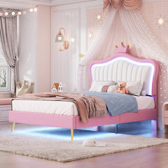 HAOYYE Twin Size Upholstered Bed Frame with LED Lights, Modern Upholstered Princess Bed With Crown Headboard,White+Pink Sturdy Space-Saving Heavy Duty Modern Design Adults Dorm Room Easy Assembly