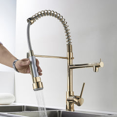 Haoyye Commercial Kitchen Faucet with Pull Down Sprayer, Single Handle Gooseneck Sink Faucet with Dual Function Spray and Stream Modes, 360° Swivel High Arc Design, Brushed Finish, Easy Installation, Heavy Duty Brass for Home, Restaurant or RV