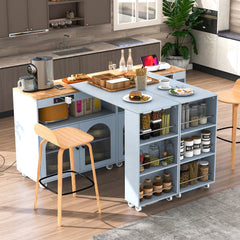 HAOYYE K&K Rolling Kitchen Island With Extended Table, Kitchen Island on Wheels with LED Lights,Power Outlets and 2 Fluted Glass Doors, Kitchen Island with a Storage Compartment and Side 3 Open Shelves, Grey