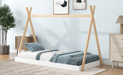 HAOYYE Twin Size Tent Floor Bed with Triangle Structure, White+Natural Sturdy Space-Saving Heavy Duty Modern Design Adults Dorm Room Easy Assembly Bedroom Furniture