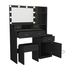 HAOYYE Black Vanity Table with Mirror & Hair Dryer Rack, Modern Makeup Desk with Dressing Mat, Storage Drawers, and Shelves for Bedroom & Dressing Room, Stylish Makeup Vanity with Functional Design