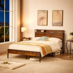 HAOYYE Bed frame with charging station full size, Rustic Brown, 83.1'' L x 56.1'' W x 39'' H Sturdy Space-Saving Heavy Duty Modern Design Adults Dorm Room Easy Assembly Bedroom Furniture