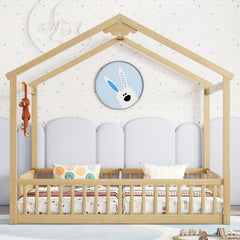 HAOYYE Double Twin House-Style Floor Bed with Fence, Guardrails, without door, Natural Sturdy Space-Saving Heavy Duty Modern Design Adults Dorm Room Easy Assembly Bedroom Furniture