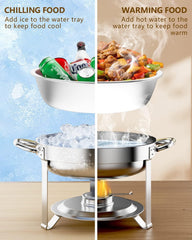Haoyye Round Buffet Catering Dish Set of 2, 5QT Stainless Steel Chafing Dishes with Lids, Food and Water Pans, Fuel Holders, Warming and Chilling Function for Parties, Weddings, Events, Camping, Home or Outdoor Use