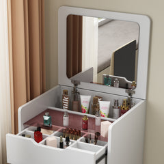 HAOYYE 3-in-1 Vanity Desk with Flip-Top Mirror, Small Makeup Vanity Set with Glass Desktop, Compact Dressing Table with 3 Drawers and Cushioned Stool, Christmas Gift, Sturdy and Stylish Home Furniture