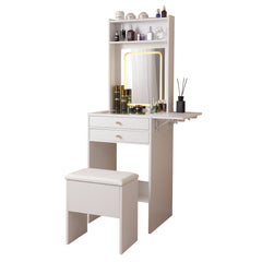 HAOYYE Vanity Desk With Lighted Mirror, Makeup Table With Drawers And Storage Cabinet, Glass Desktop, Adjustable Brightness, Storage Stool, Modern White Design For Bedroom, Sturdy Space-Saving Construction