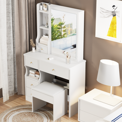 HAOYYE Small Space Vanity Table Set with Left Drawer, Cushioned Stool, Large Sliding Mirror, Multi-Layer Storage, Modern Compact Design, Stylish Durable Dressing Table for Adults, Ideal for Bedroom or Dressing Room