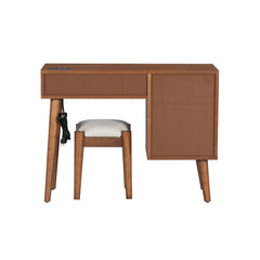 HAOYYE 39" Retro Bohemian Style Wooden Makeup Vanity Set with Charging Plug&USB Port and Stool, Dressing Table with 3 Storage Drawers and 1 Rectangular Rattan Drawer, Walnut