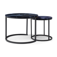 HAOYYE Set of 2 Round Nesting Coffee Tables with Black Marble Pattern Top and Metal Frame, Modern Industrial Circular Side Tables for Living Room Bedroom Apartment or Office Use