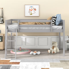 HAOYYE Twin Size Wood Low Loft Bed with Ladder, ladder can be placed on the left or right, Gray Sturdy Space-Saving Heavy Duty Modern Design Adults Dorm Room Easy Assembly Bedroom Furniture