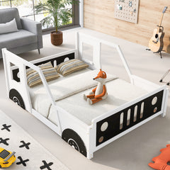 HAOYYE Full Size Classic Car-Shaped Platform Bed with Wheels,White Sturdy Space-Saving Heavy Duty Modern Design Adults Dorm Room Easy Assembly Bedroom Furniture