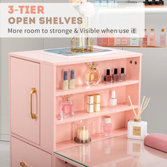 HAOYYE Pink Nail Table with Tempered Glass Top and Relief Particle Board Finish, Featuring Three Doors and Two Drawers, Fanless Quiet Design Perfect for Salon Manicure Station or Home Beauty Workspace