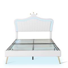 HAOYYE Queen Size Upholstered Bed Frame with LED Lights,Modern Upholstered Princess Bed With Crown Headboard,White Sturdy Space-Saving Heavy Duty Modern Design Adults Dorm Room Easy Assembly