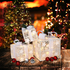HAOYYE Multi-Color 3pcs Christmas Gift Box Set ABS Plastic Frame LED60 Lights Warm White Light Cotton Thread Powder Festive Decoration for Home Office Party Holiday Décor Battery Powered