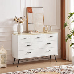 HAOYYE 7-Drawer Dresser for Bedroom with Deep Drawers, Modern White Wood Chest of Drawers, Long Storage Dresser for Closet and Living Room, White & Oak, Sturdy Space-Saving Design, Ideal for Organizing Clothes and Essentials