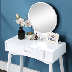 HAOYYE Maly Contemporary Wood Vanity and Stool Set, White Makeup Vanity Table with Mirror and Storage Drawers, Elegant Dressing Table with Cushioned Stool for Bedroom, Compact Vanity Desk for Small Spaces, Stylish Beauty Station for Girls and Women