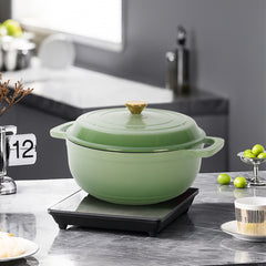 HAOYYE Cast Iron 7.5QT Cooking Pot Gradient Green Color with Enamel Coating Includes Two Silicone Gloves Heavy Duty Durable Multi-Purpose Dutch Oven for Stovetop Oven and Outdoor Cooking Perfect for Stews Soups and Casseroles