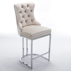 HAOYYE 26" Counter Height Bar Stools Set of 2, Modern Velvet Barstools with Button Back&Rivet Trim Upholstered Kitchen Island Chairs with Sturdy Chromed Metal Base Legs Farmhouse Bar Stools, (Beige,2 Pack)