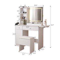 HAOYYE Vanity Desk With Lighted Mirror And Power Outlet, Makeup Vanity With Drawers And Large Storage Cabinet, 3 Lighting Modes With Adjustable Brightness, Storage Stool, White Sturdy Space-Saving Design