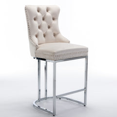 HAOYYE 26" Counter Height Bar Stools Set of 2, Modern Velvet Barstools with Button Back&Rivet Trim Upholstered Kitchen Island Chairs with Sturdy Chromed Metal Base Legs Farmhouse Bar Stools, (Beige,2 Pack)