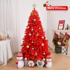 HAOYYE Red 7ft Artificial Christmas Tree, Unlit Hinged Pine Tree with 1100 Branch Tips, Sturdy Metal Stand, Easy Assembly Holiday Decoration for Home Living Room Office Party Seasonal Décor