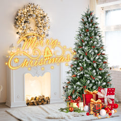 HAOYYE Artificial Green Christmas Tree with Mixed PE and PVC Branch Tips, Red Fruit and Pine Cone Decorations, Hinged Foldable Base, Fireproof PVC Material, Easy Assembly and Storage, Sturdy Hardware Pole for Indoor Holiday Decor