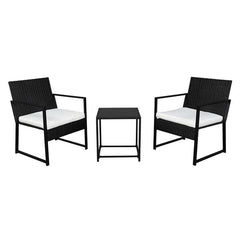 HAOYYE Outdoor Wicker Patio Furniture Set Black Rattan 3 Piece Conversation Set with 2 Exposed Frame Flat Chairs and 1 Coffee Table Durable PE Woven Bistro Set with Iron Frame for Balcony Garden Lounge