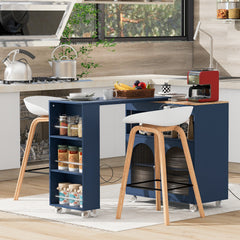 HAOYYE Navy Rolling Kitchen Island With Extended Table, LED Lights, Power Outlets, Fluted Glass Doors, Storage Compartment, and Open Shelves, Sturdy Space-Saving Design, Easy Assembly