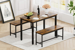 HAOYYE Dining Table Set with 2 Benches, Industrial Bar Table with Chairs for Kitchen, Breakfast Nook, Living Room, Party Room, Rustic Brown & Black, Sturdy Space-Saving Design for Small Spaces, Modern Home Furniture