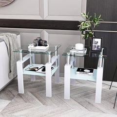 Haoyye Set of 2 Modern Tempered Glass Coffee and Tea Tables, Square Transparent and White Side Tables for Living Room, Sturdy Heavy Duty Space-Saving Design, Easy Assembly for Adults and Dorm Rooms