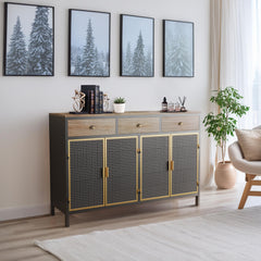 HAOYYE Modern Sideboard With 4 Doors And 3 Top Drawers, Freestanding Storage Cabinet For Entryway, Living Room, Office, Or Bedroom, Sturdy Space-Saving Heavy Duty Design