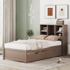 HAOYYE Twin Bed Frame with USB Port, Bookcase Headboard and Storage Drawers, Walnut Finish, Sturdy Space-Saving Design, Heavy Duty, Easy Assembly, Ideal for Bedroom and Dorm Room