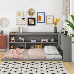 HAOYYE Full Floor Bed with L-shaped Bookcases, sliding doors,without slats,Grey Sturdy Space-Saving Heavy Duty Modern Design Easy Assembly Durable Stylish Home Furniture Versatile