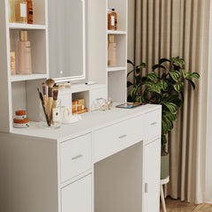HAOYYE The white vanity with LED mirror is equipped with a hair dryer rack, and the vanity in the bedroom and dressing room is equipped with a dressing pad