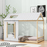 HAOYYE Twin Size House Platform with Roof and Window , White+Natural Sturdy Space-Saving Heavy Duty Modern Design Easy Assembly Durable Stylish Home Furniture Versatile