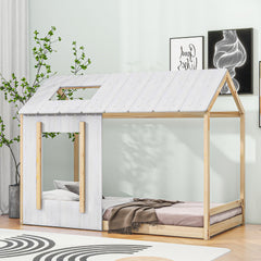 HAOYYE Twin Size House Platform with Roof and Window , White+Natural Sturdy Space-Saving Heavy Duty Modern Design Easy Assembly Durable Stylish Home Furniture Versatile