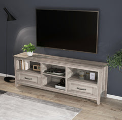 HAOYYE TV Stand for Living Room and Bedroom, with Two Drawers and Four Storage Compartments, Grey Walnut, Sturdy Space-Saving Design, Heavy Duty Construction, Easy Assembly, Durable and Stylish Home Furniture
