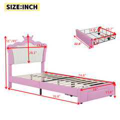 HAOYYE Twin Size Upholstered Bed Frame With LED Lighting, Modern Princess Bed With Crown Headboard And Storage Drawer, Pink And White, Sturdy Space-Saving Heavy Duty Design For Adults And Dorm Rooms