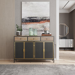 HAOYYE Modern Sideboard With 4 Doors And 3 Top Drawers, Freestanding Storage Cabinet For Entryway, Living Room, Office, Or Bedroom, Sturdy Space-Saving Heavy Duty Design