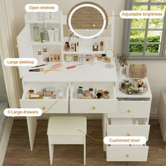 HAOYYE Fashion Vanity Desk with Mirror and Lights for Makeup and Cushioned Chair, Vanity Mirror with Lights and Table Set with 3 Color Lighting Brightness Adjustable,Dressing table, White Color Sturdy