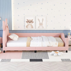 HAOYYE Twin Size Upholstered Daybed with Carton Ears Shaped Headboard, Pink Sturdy Space-Saving Heavy Duty Modern Design Adults Dorm Room Easy Assembly Bedroom Furniture